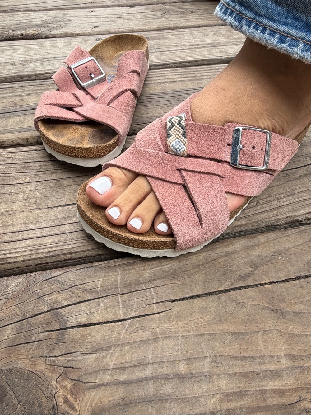 Birkenstock Pink Suede Crisscross Slide Sandals